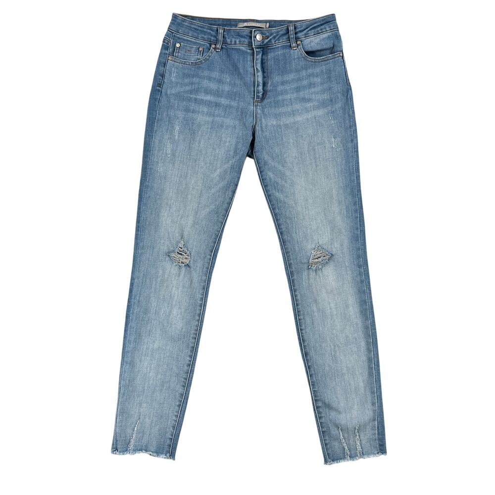 Tractr Mid Rise Skinny Crop Jeans Womens 6 28x28 Distressed Fray Blue Med Wash